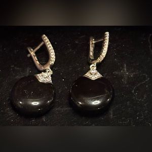 Sterling silver (925) onyx earrings, cubic zirconia accents.